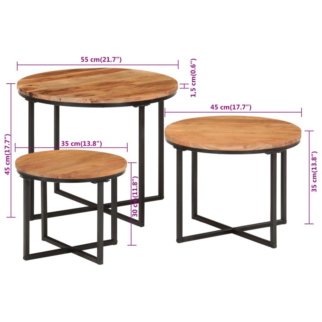 Tables basses gigognes 3 pcs bois massif d'acacia et fer