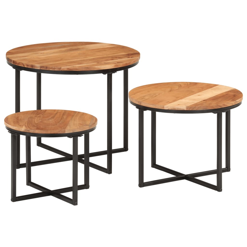 3 pcs nesting coffee tables solid acacia wood and iron