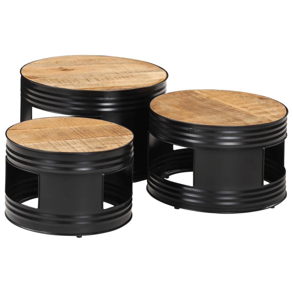 Drum shaped bar tables 3 pcs solid raw mango wood