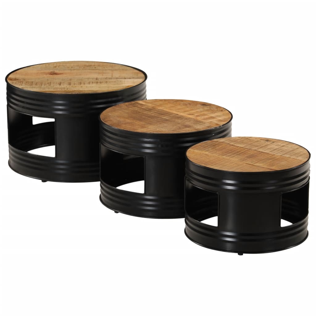 Drum shaped bar tables 3 pcs solid raw mango wood