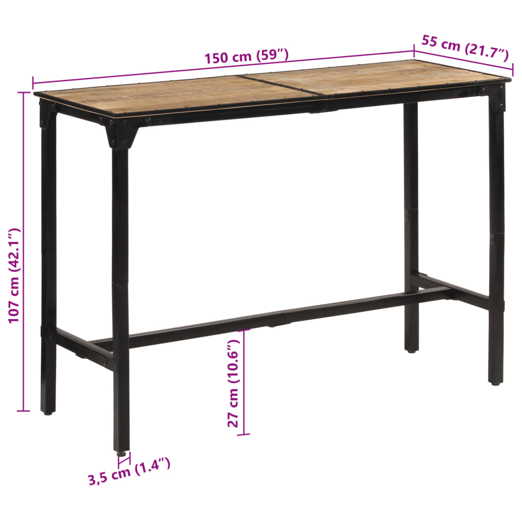 Table de bar 150x55x107 cm bois de manguier massif brut