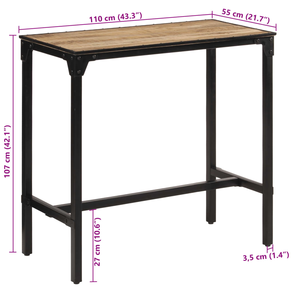 Table de bar 110x55x107 cm bois de manguier massif brut