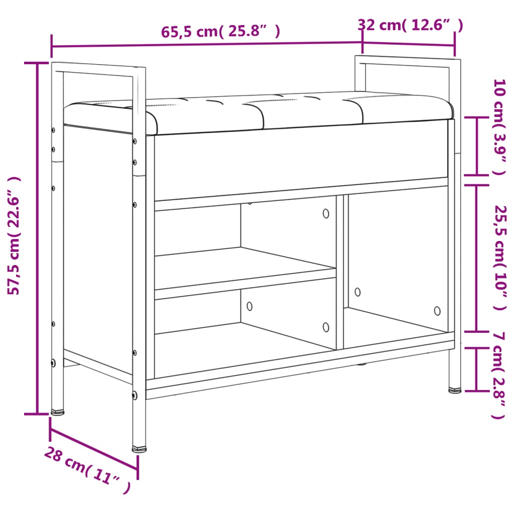 Banc à chaussures chêne fumé 65,5x32x57,5 cm bois d'ingénierie