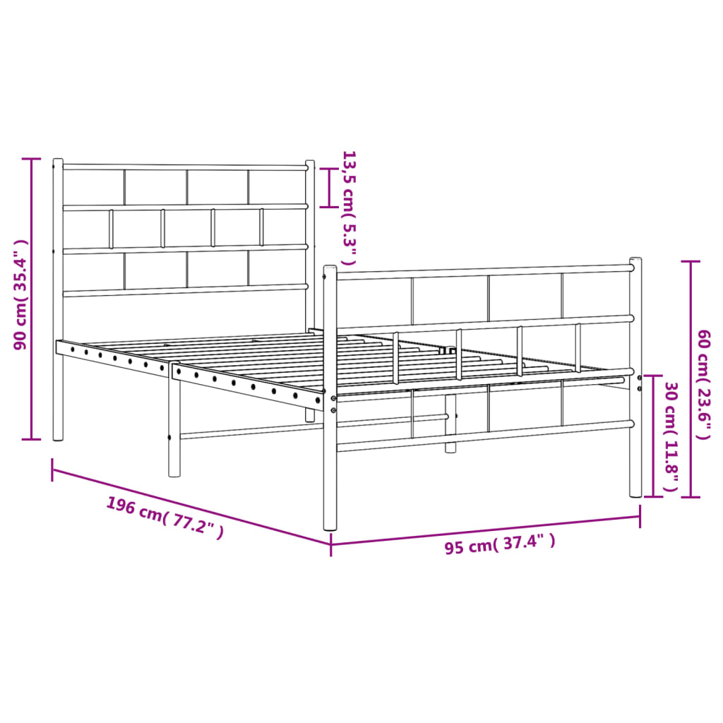 Metal bed frame without mattress with black footboard 90x190 cm