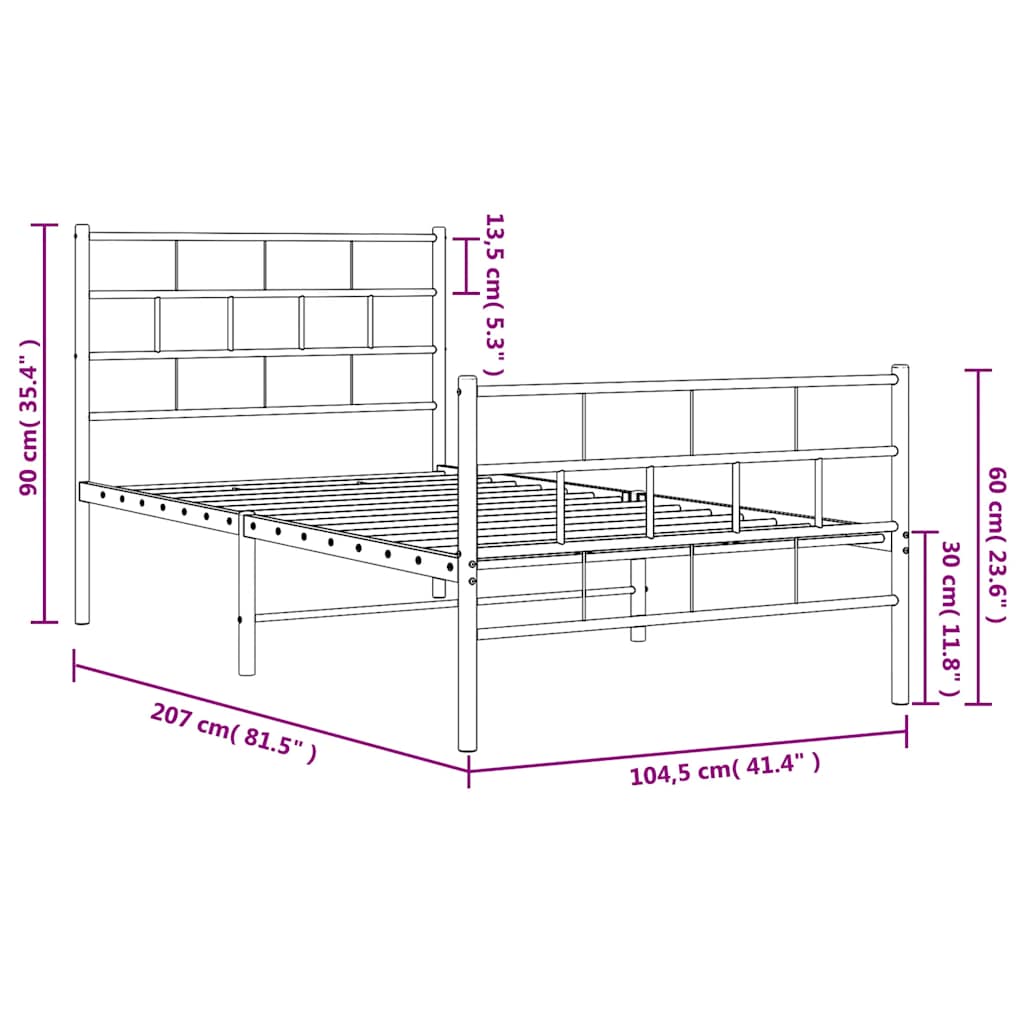 Cadre de lit métal sans matelas et pied de lit noir 100x200 cm