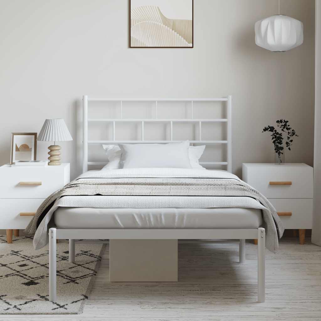 Metal bed frame without mattress and white headboard 100x200 cm