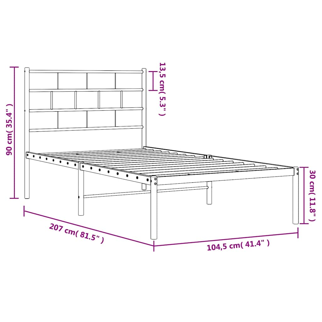 Metal bed frame without mattress and white headboard 100x200 cm