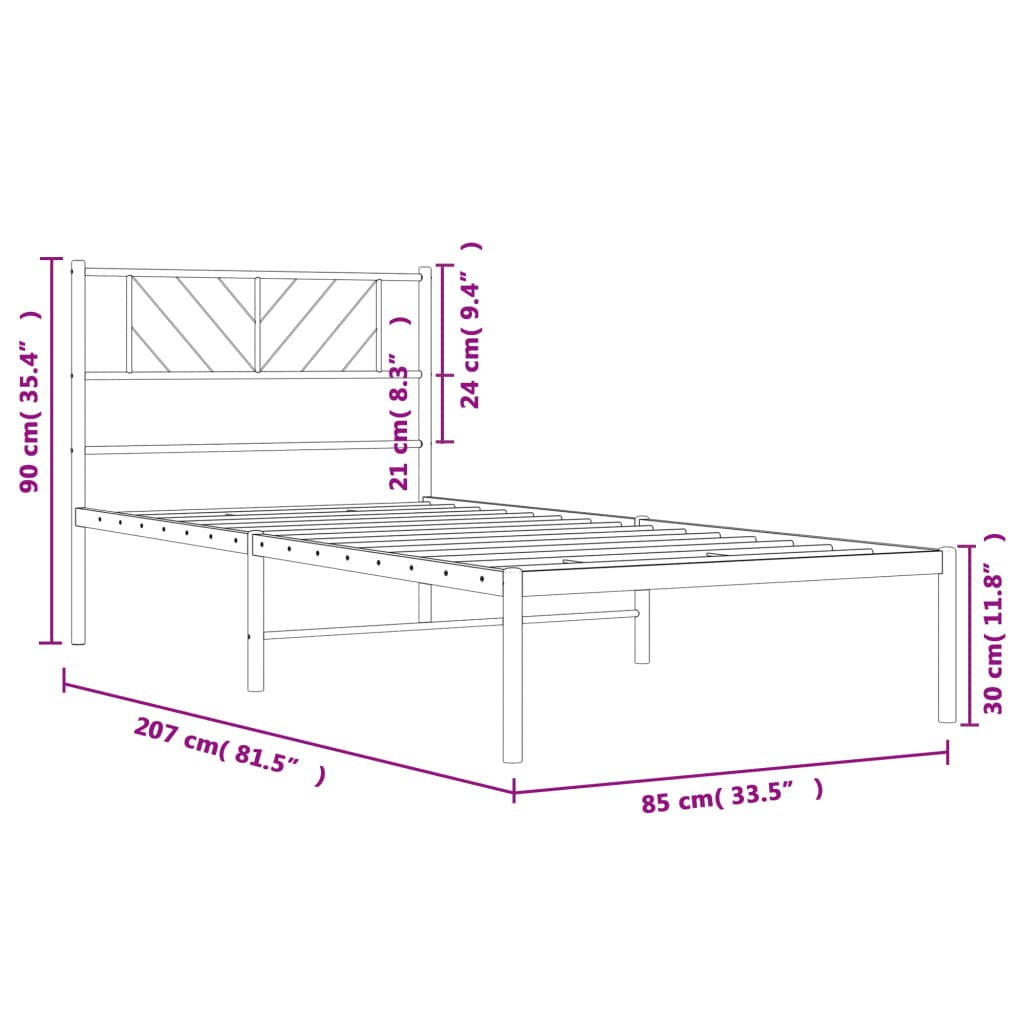 Cadre de lit métal sans matelas avec tête de lit noir 80x200 cm