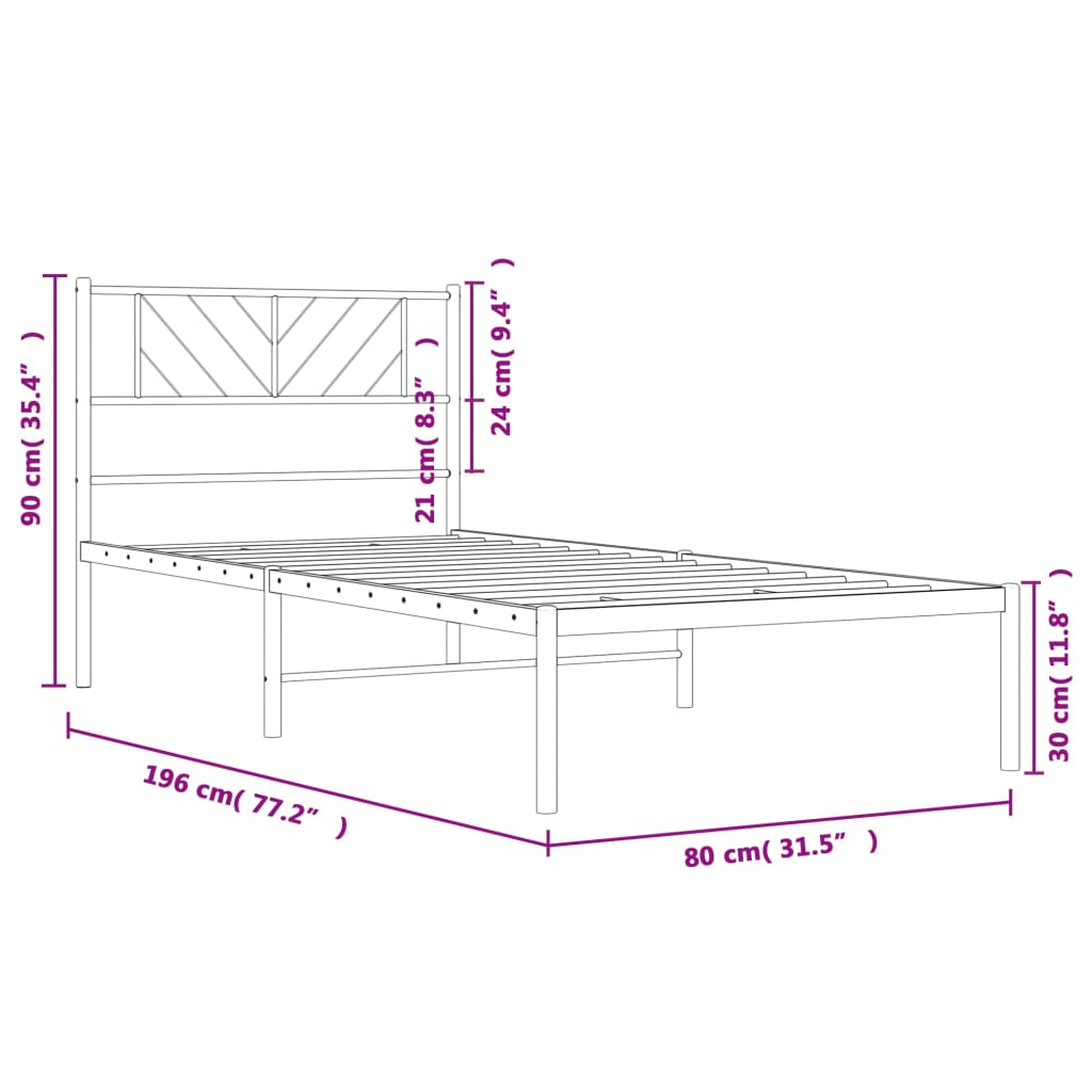 Cadre de lit métal sans matelas avec tête de lit blanc 75x190cm