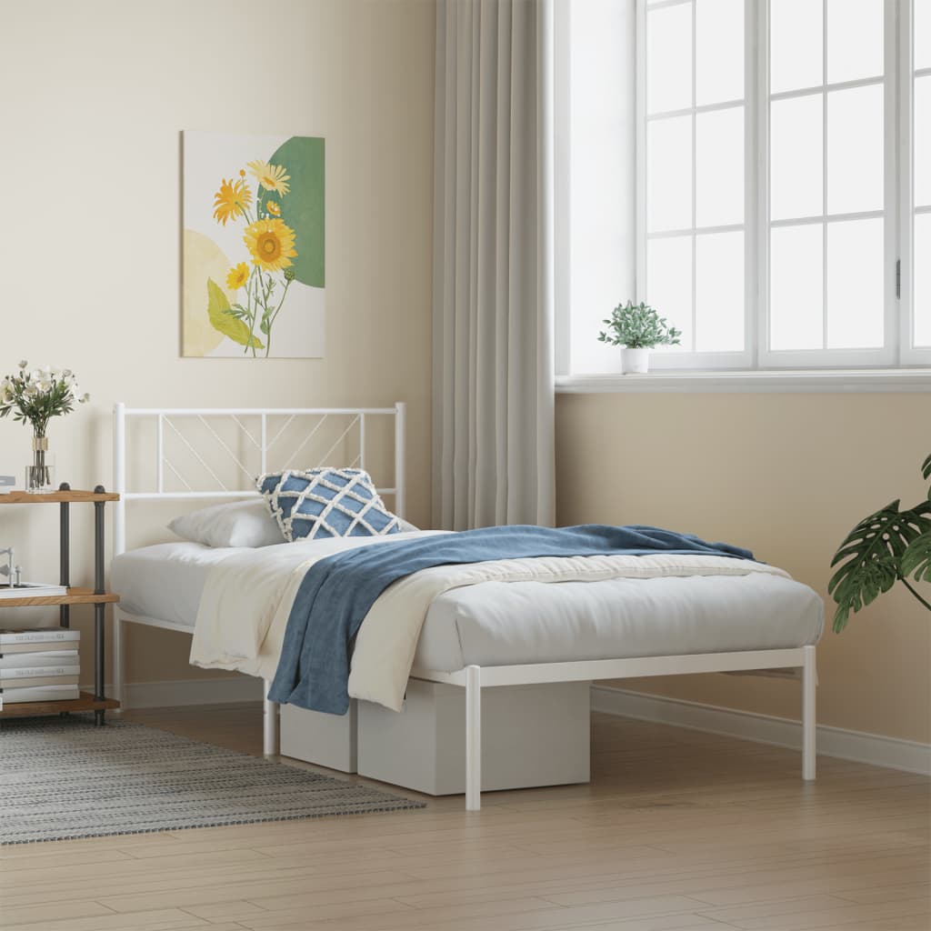 Cadre de lit métal sans matelas avec tête de lit blanc 75x190cm