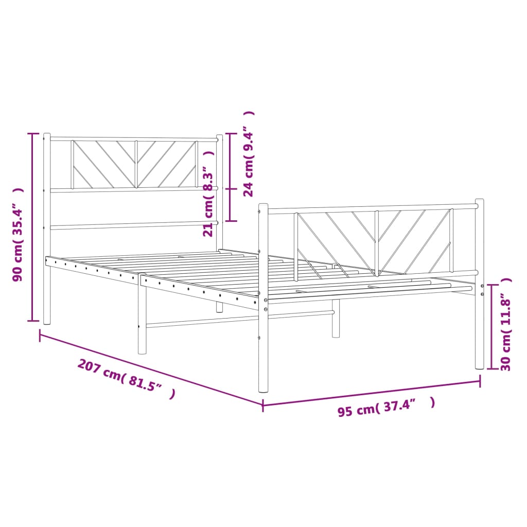 Cadre de lit métal sans matelas avec pied de lit blanc 90x200cm