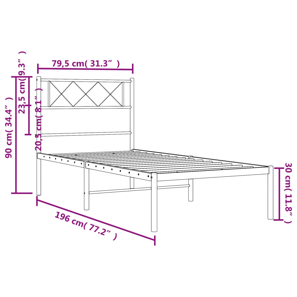 Cadre de lit métal sans matelas avec tête de lit noir 75x190 cm