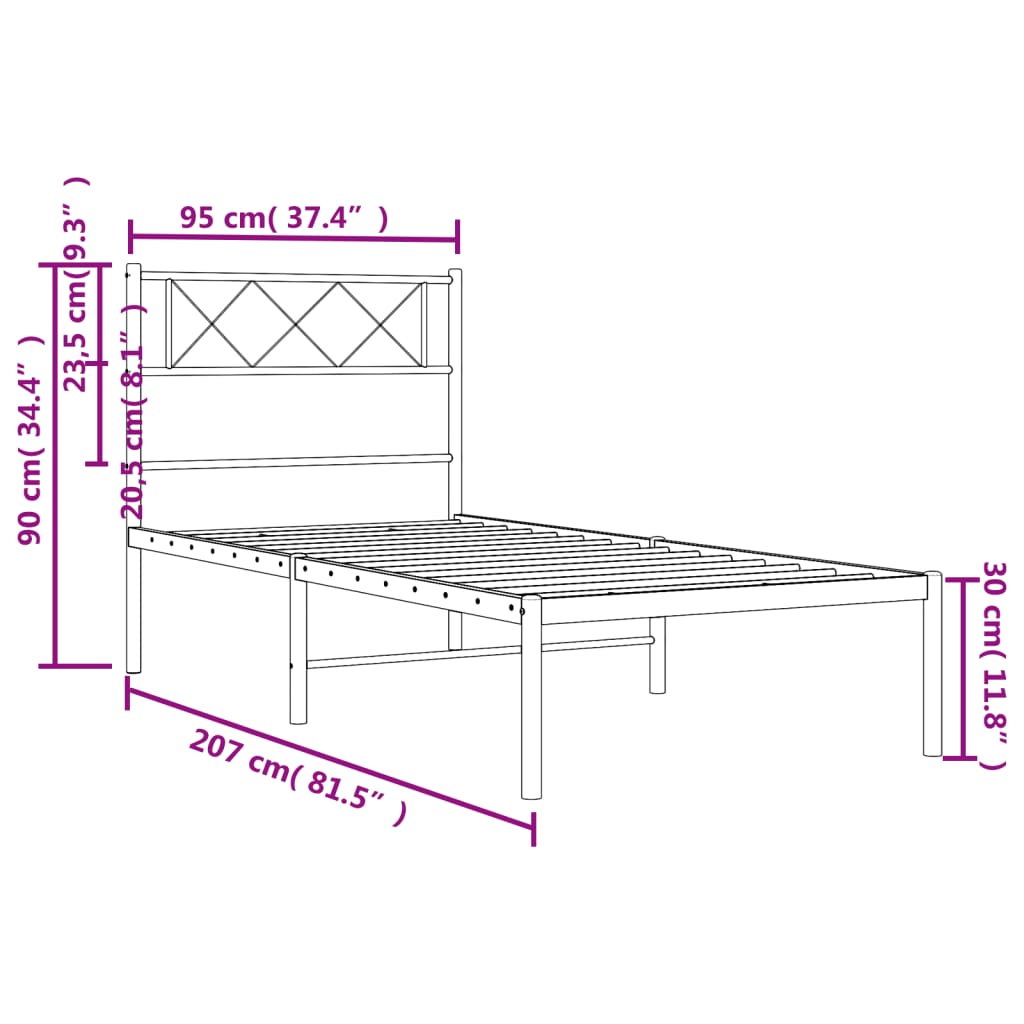 Cadre de lit métal sans matelas avec tête de lit blanc 90x200cm