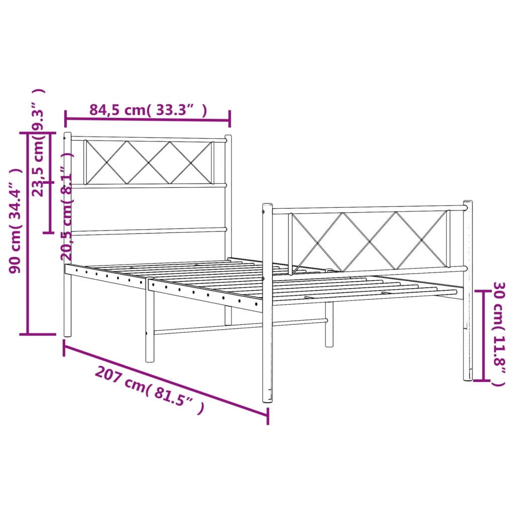 Cadre de lit métal sans matelas avec pied de lit blanc 80x200cm