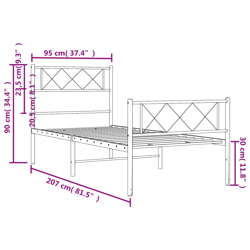 Cadre de lit métal sans matelas avec pied de lit blanc 90x200cm