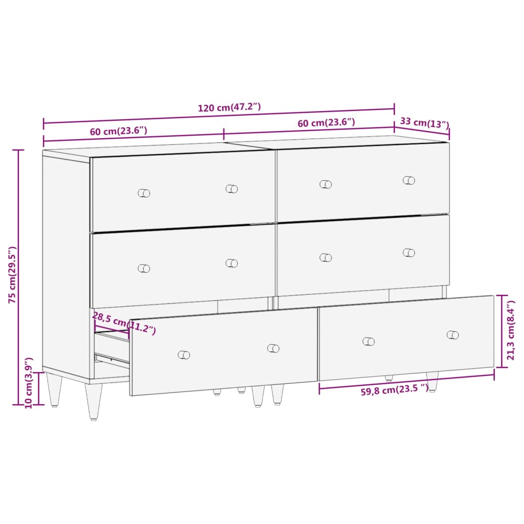 Armoires latérales 2 pcs 60x33x75 cm bois massif de manguier