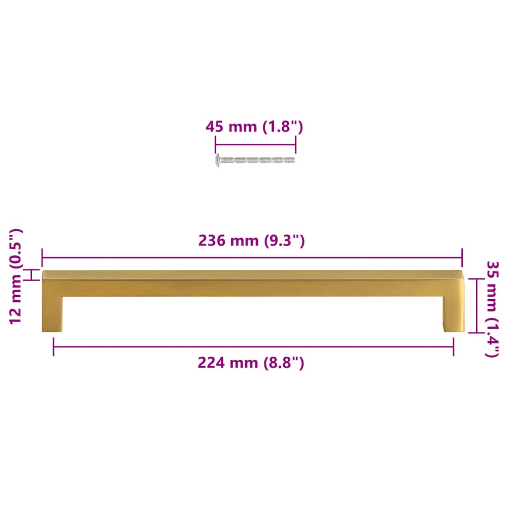 Poignées d'armoire 5 pcs doré 224 mm acier inoxydable