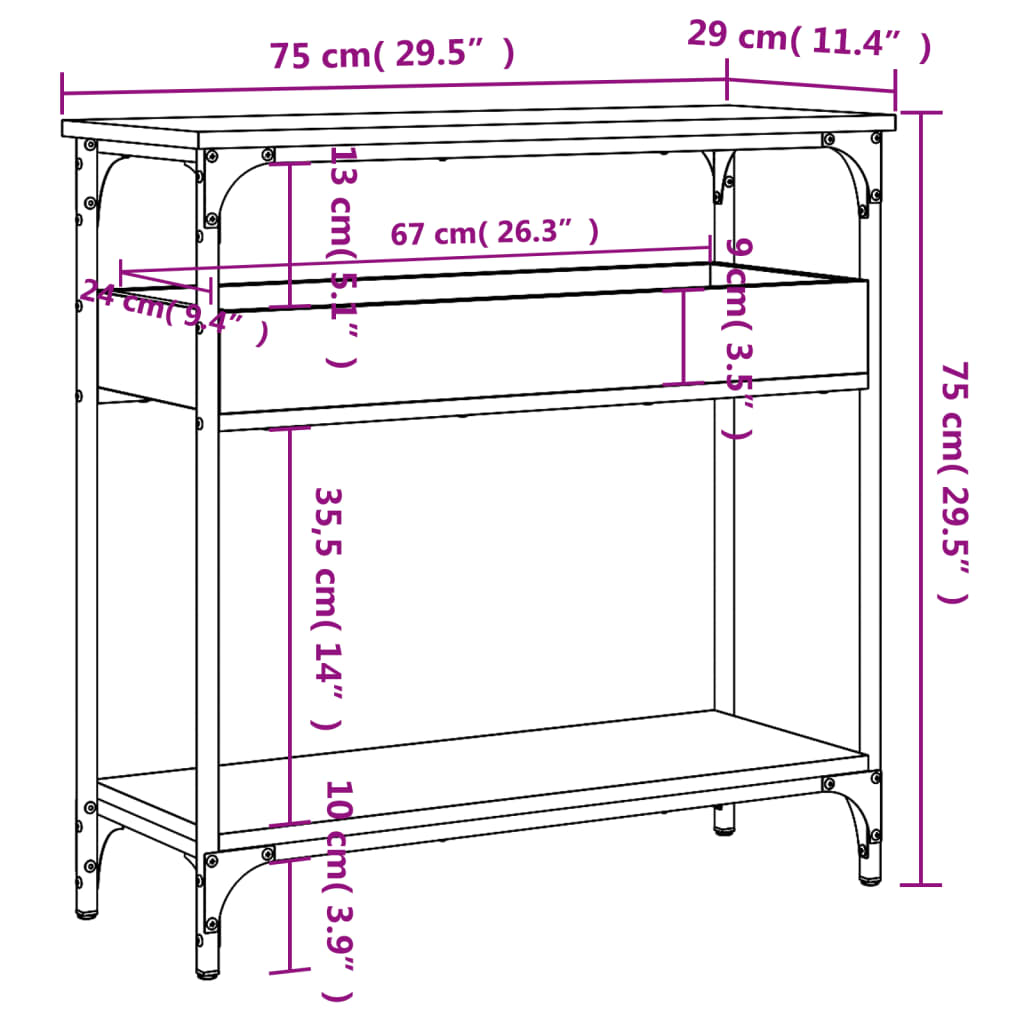 Table console avec étagère chêne marron 75x29x75 cm