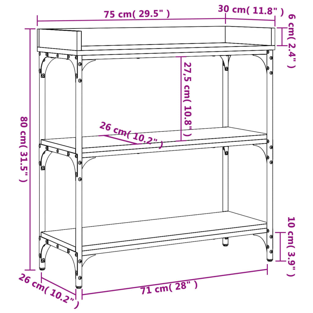 Table console avec étagères chêne fumé 75x30x80 cm