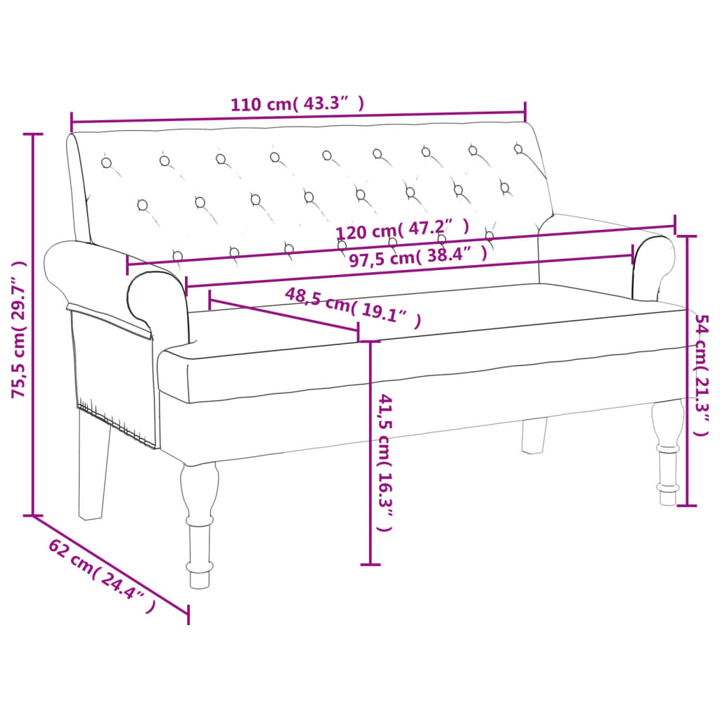 Banc avec dossier gris clair 120x62x75,5 cm tissu