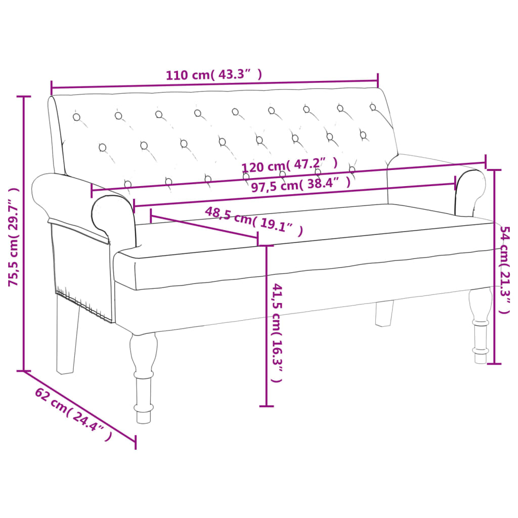 Banc avec dossier noir 120x62x75,5 cm tissu