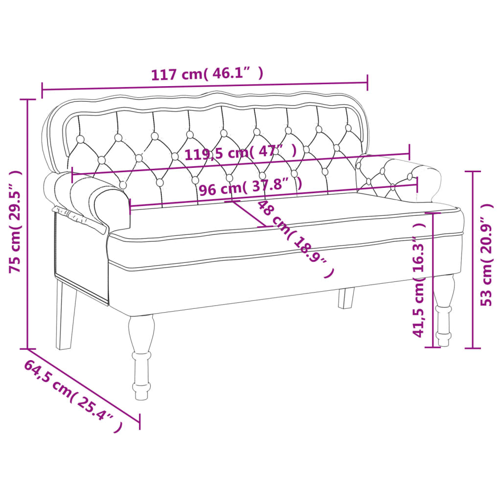 Banc avec dossier crème 119,5x64,5x75 cm velours