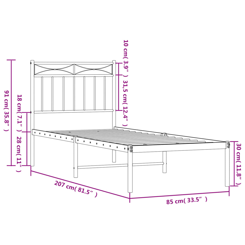 Cadre de lit métal sans matelas avec tête de lit noir 80x200 cm