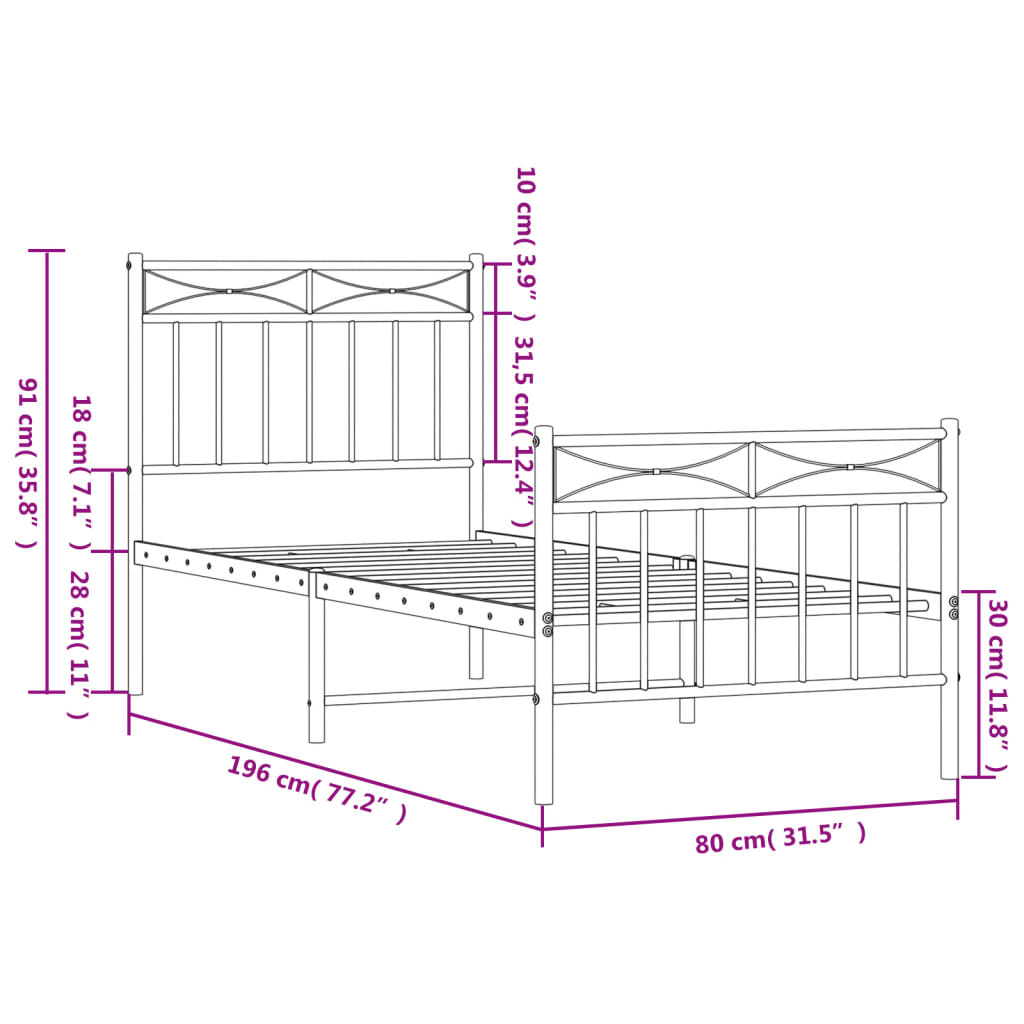 Cadre de lit métal sans matelas avec pied de lit blanc 75x190cm