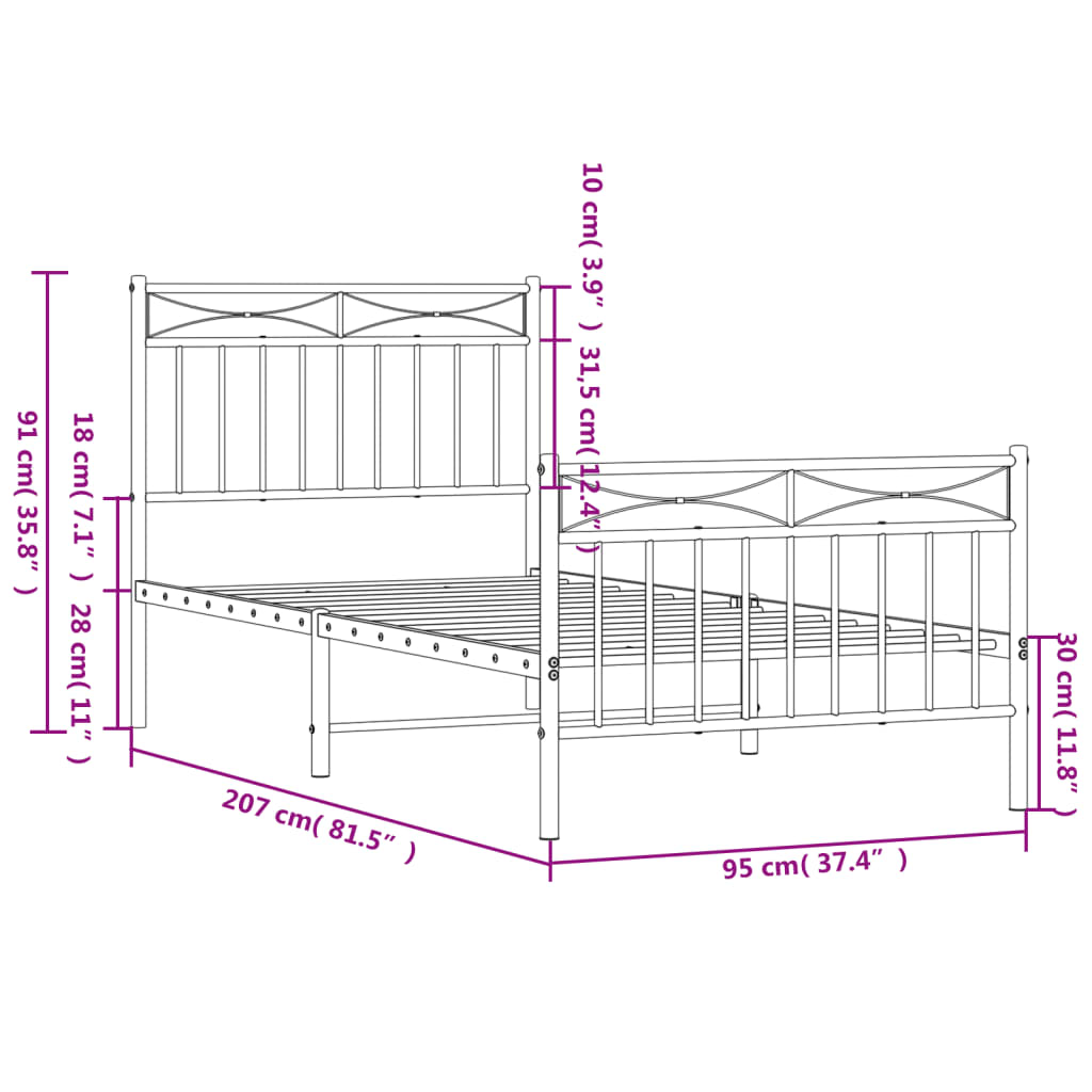 Cadre de lit métal sans matelas avec pied de lit blanc 90x200cm