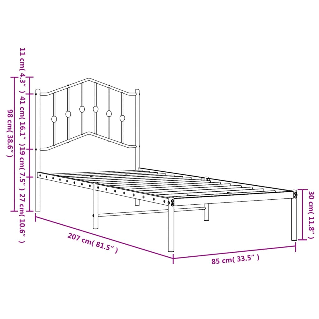 Cadre de lit métal sans matelas avec tête de lit noir 80x200 cm