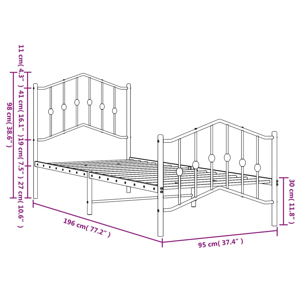 Cadre de lit métal sans matelas avec pied de lit blanc 90x190cm