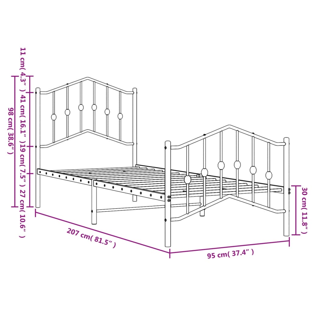 Cadre de lit métal sans matelas avec pied de lit blanc 90x200cm