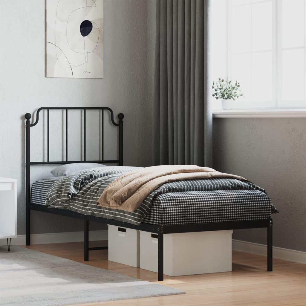 Cadre de lit métal sans matelas avec tête de lit noir 75x190 cm