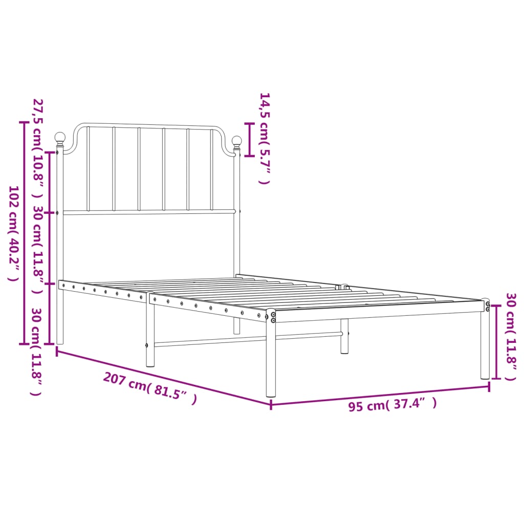 Cadre de lit métal sans matelas avec tête de lit noir 90x200 cm