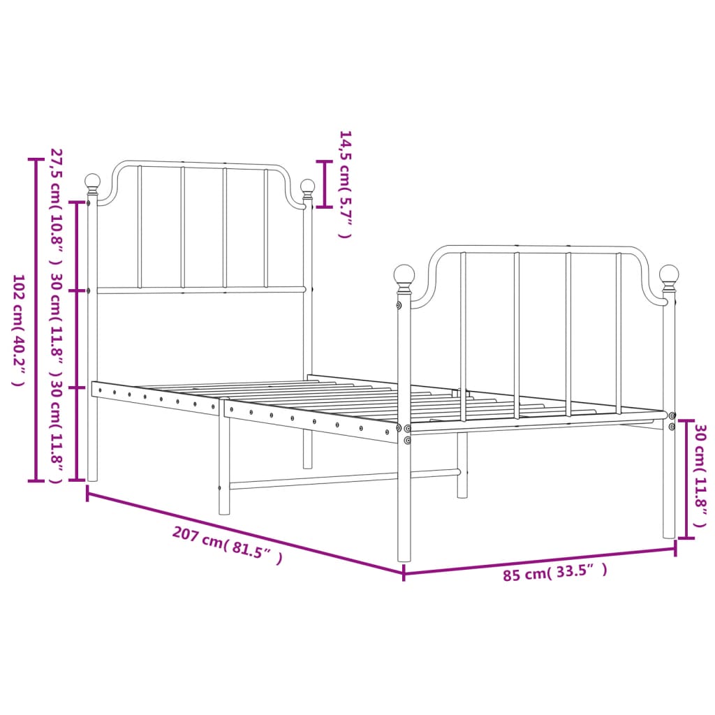 Cadre de lit métal sans matelas avec pied de lit blanc 80x200cm