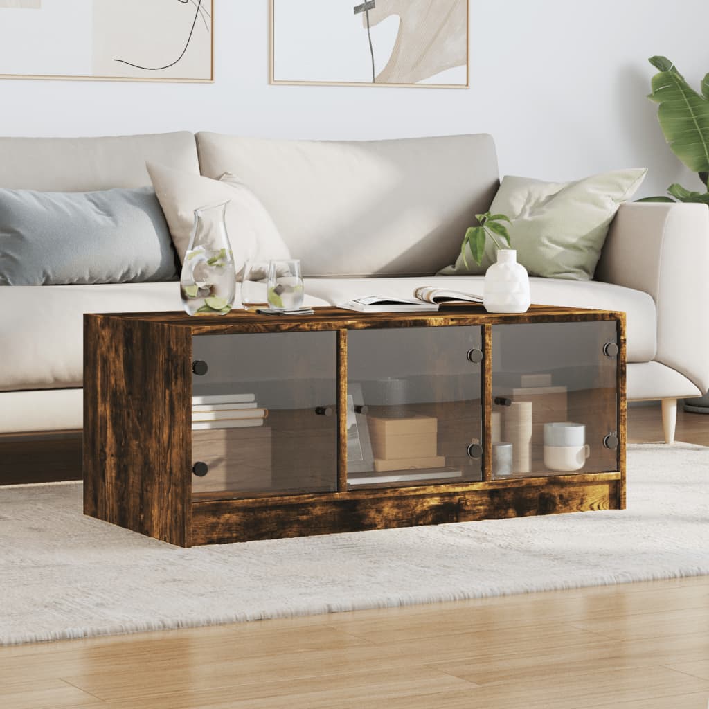 Table basse avec portes en verre chêne fumé 102x50x42 cm