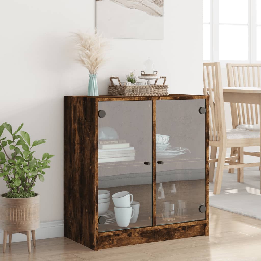 Side cabinet with glass doors smoked oak 68x37x75.5 cm