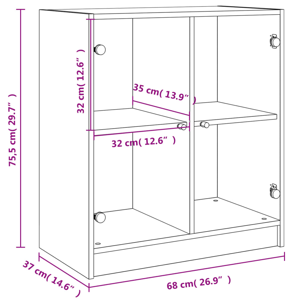 Side cabinet with glass doors smoked oak 68x37x75.5 cm