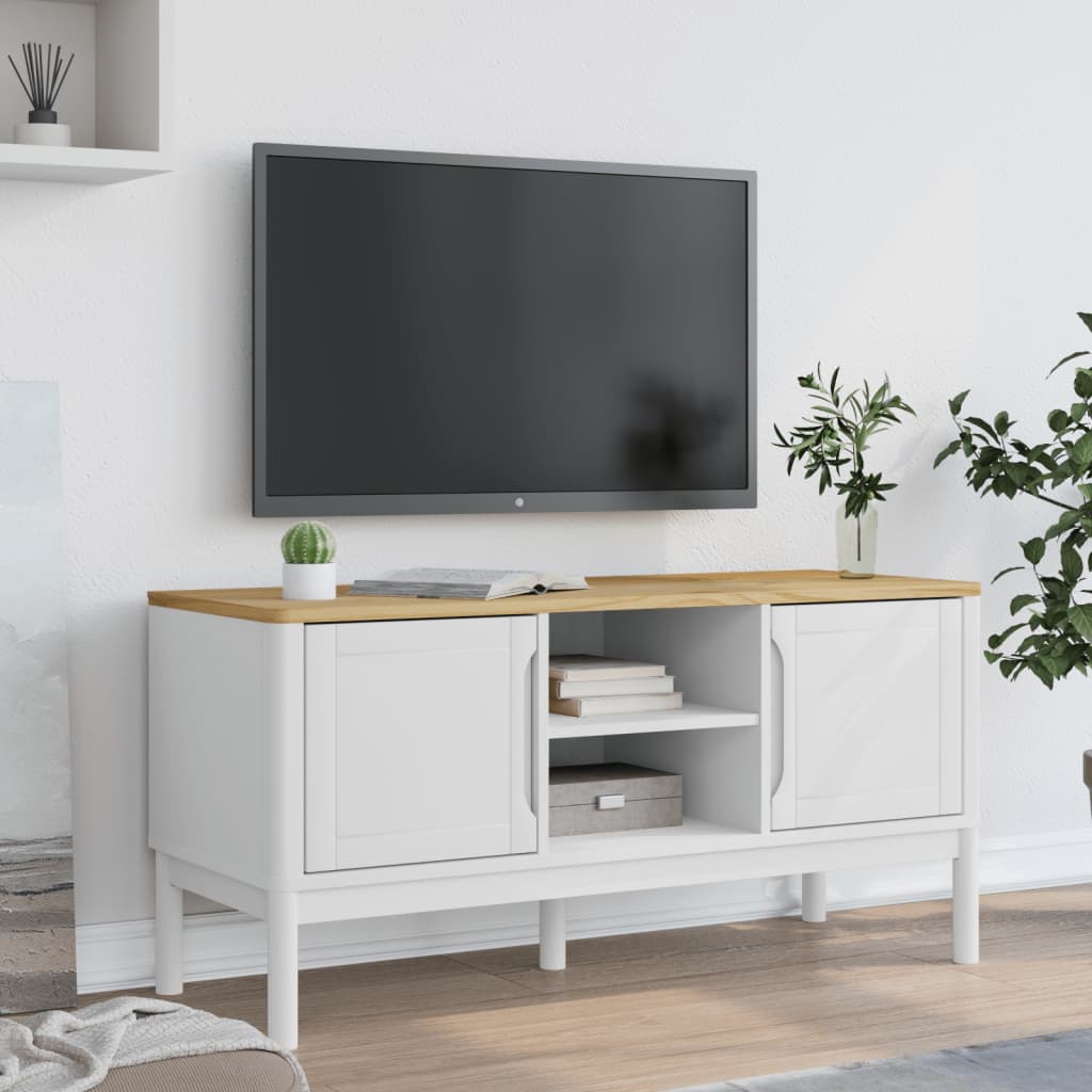 Meuble TV FLORO blanc 114x43x55 cm bois massif de pin