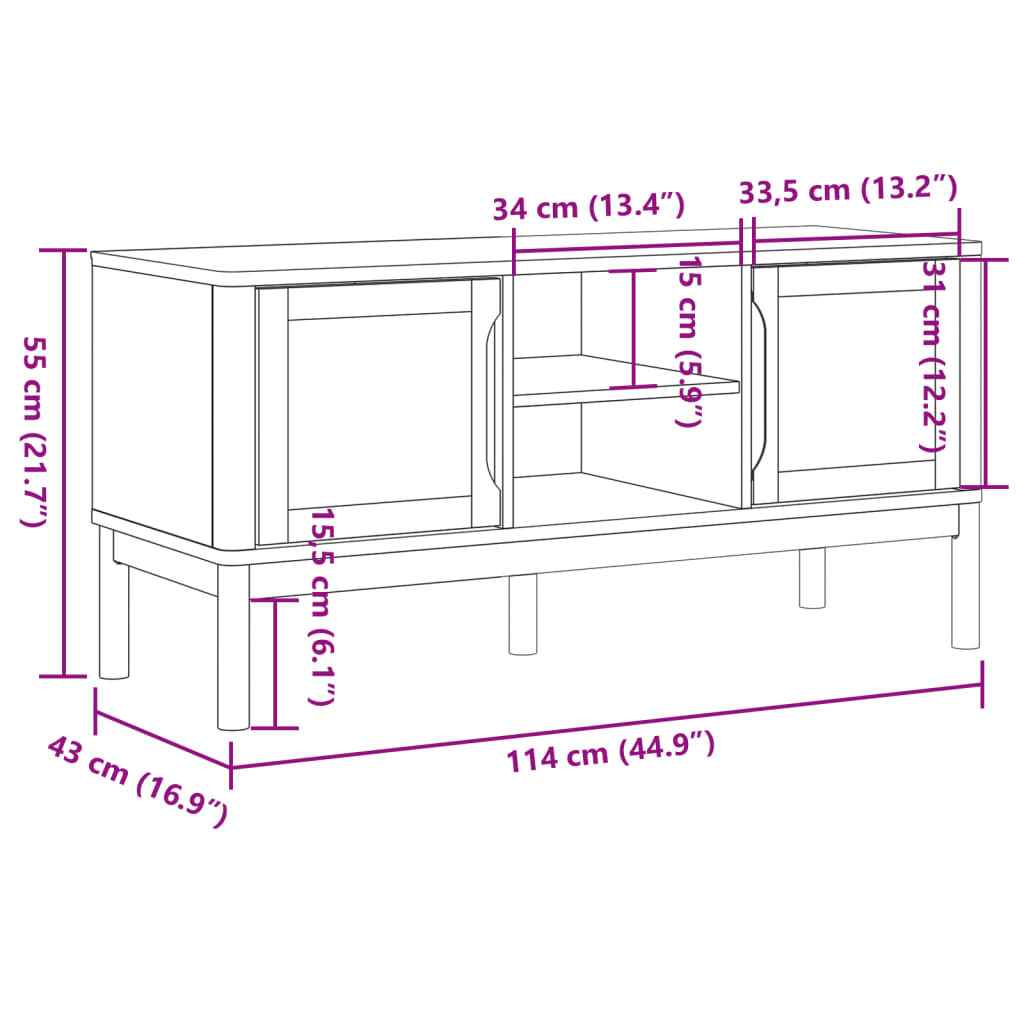 Meuble TV FLORO blanc 114x43x55 cm bois massif de pin