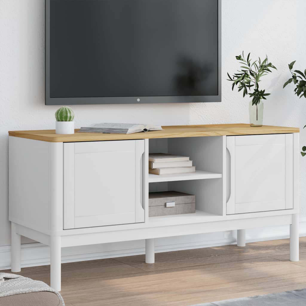 Meuble TV FLORO blanc 114x43x55 cm bois massif de pin