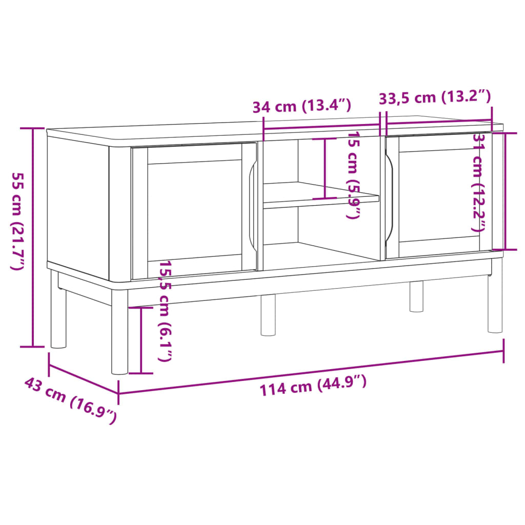 Meuble TV FLORO gris 114x43x55 cm bois massif de pin