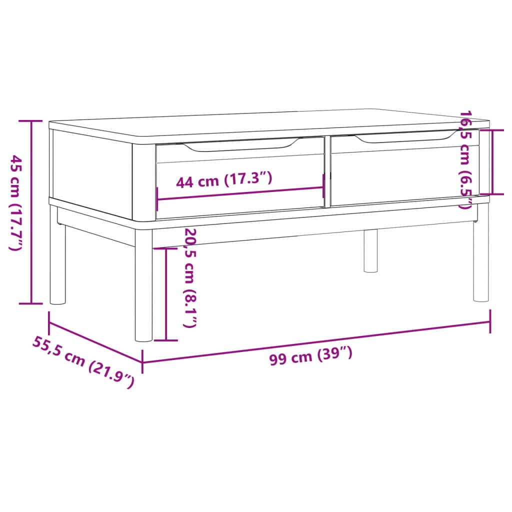 FLORO Couchtisch weiß 99x55,5x45 cm massives Kiefernholz