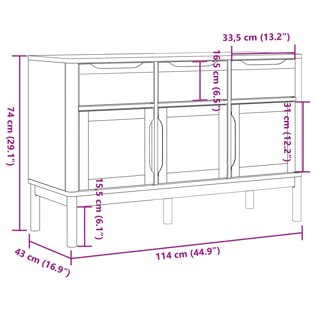 FLORO graues Sideboard 114x43x74 cm aus massivem Kiefernholz