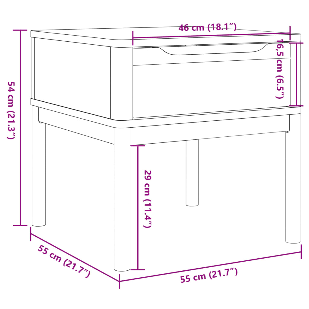 FLORO white bedside table 55x55x54 cm solid pine wood