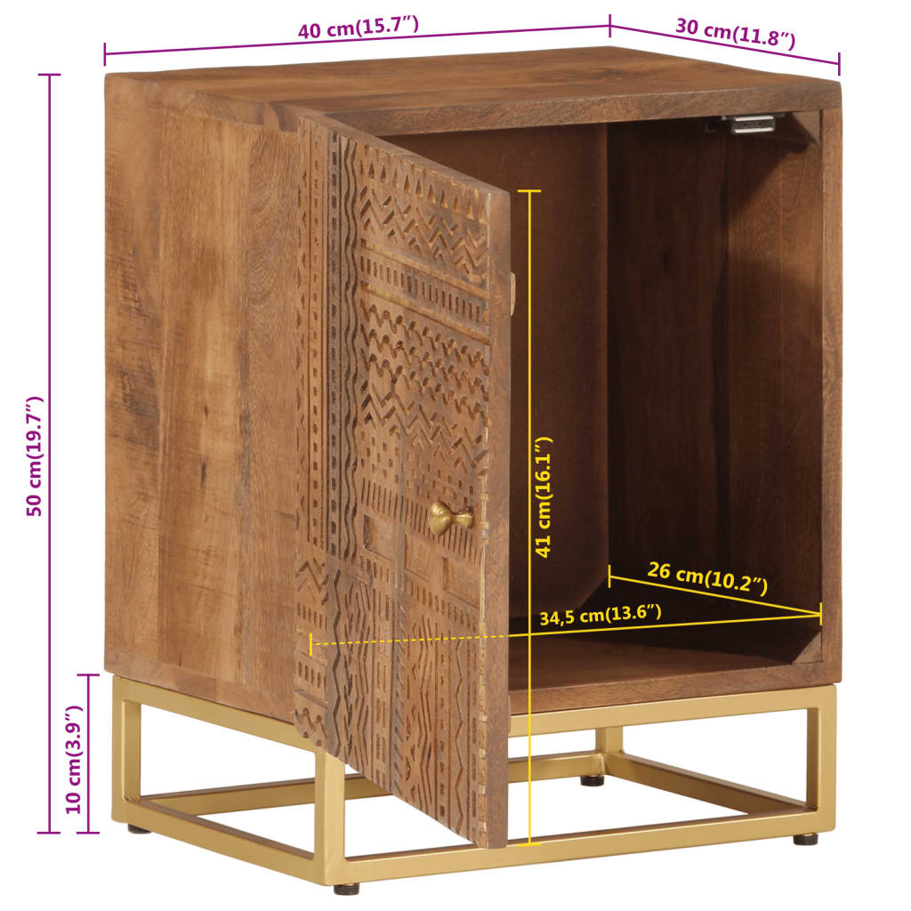 Table de chevet 40x30x50 cm bois massif manguier et fer