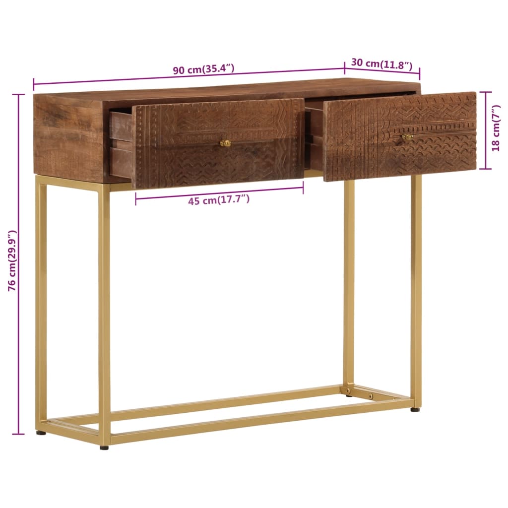 Table console 90x30x76 cm bois massif de manguier et fer