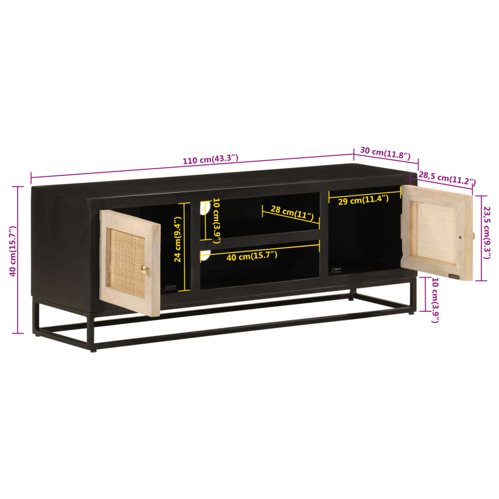 Meuble TV noir 110x30x40 cm bois massif de manguier et fer