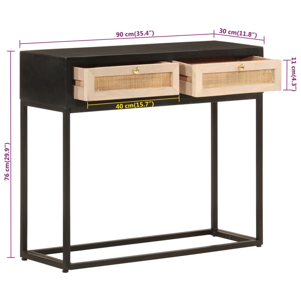 Table console noir 90x30x76 cm bois massif de manguier et fer