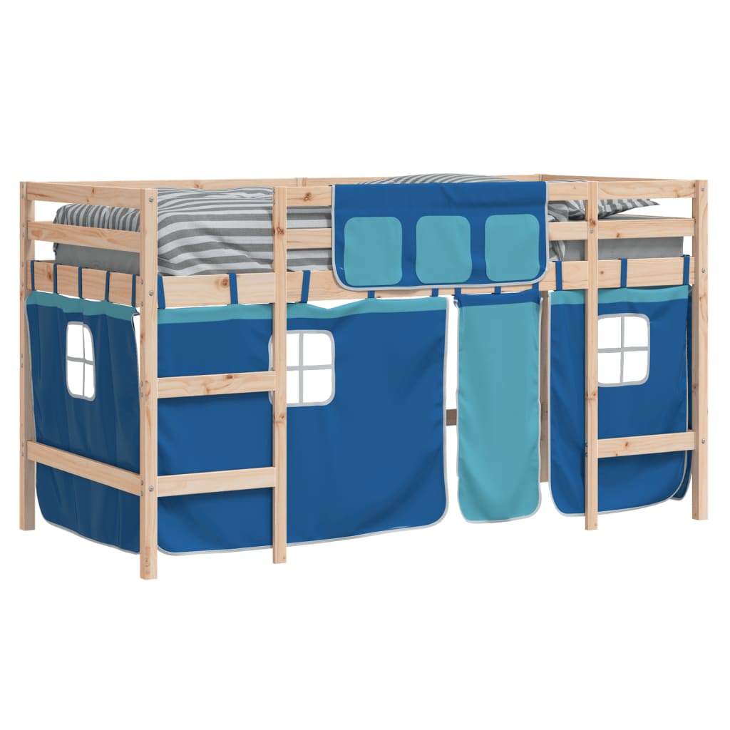 Lit mezzanine enfants avec rideaux sans matelas bleu 80x200cm